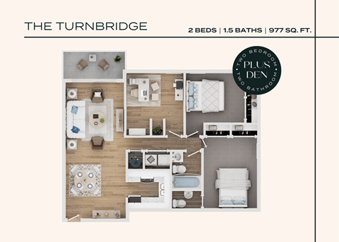 Floor plan for 2 beds, 1.5 baths, 977 sqft